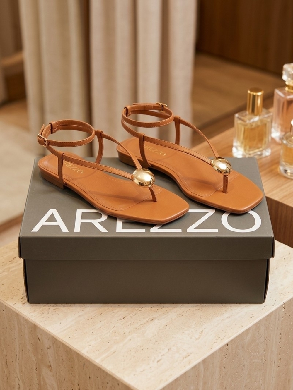 Arezzo Tan T-Strap Sandals with Gold Accent